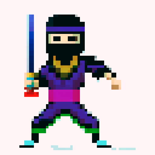 Ninja jumping in a vibrant, pixelated world with dynamic shadows and bold colors