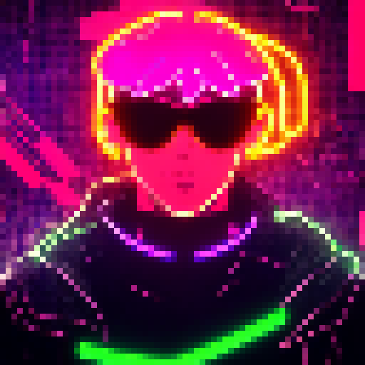 Glowing cyberpunk hacker with slicked back hair and a neon visor, surrounded by flickering neon lights and a futuristic cityscape, all depicted in the vibrant and edgy Yo-Hokki style.