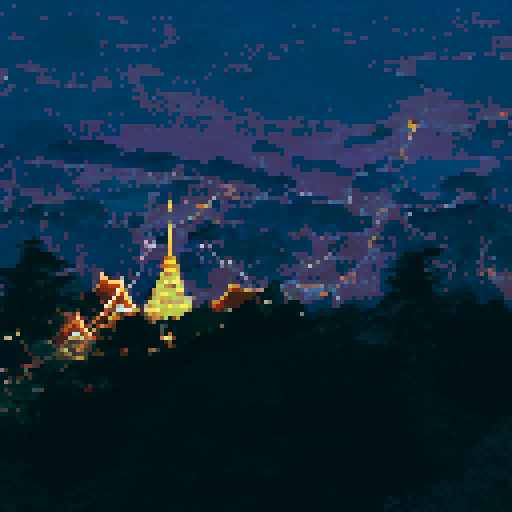 Night view, Thai yellow temple, On mountain, Night city below the mountain