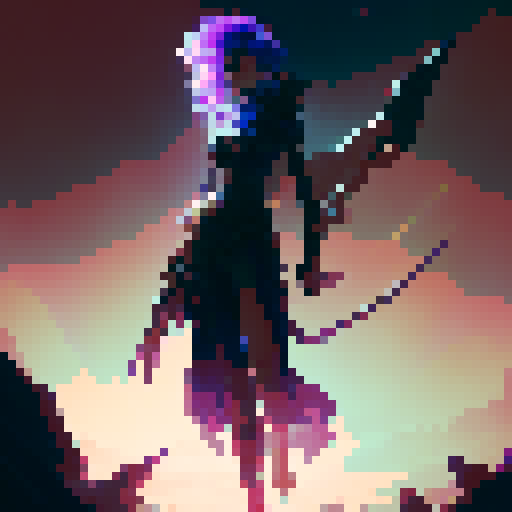 Blue-haired anime girl, standing on a crescent moon with a sword in hand and bikini armor, surrounded by twinkling stars in a fantasy RPG-inspired style