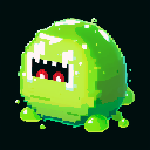 A gigantic, fearsome slime with a corrosive green body. It has a vicious expression, with small bubbles of acid forming and popping inside its gelatinous form. No background.
