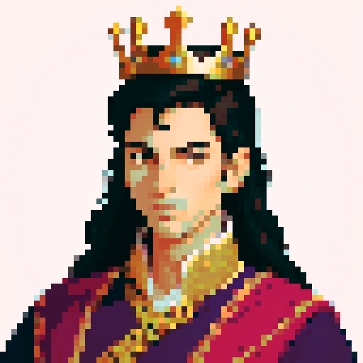 prince, regal, crown, majestic, sharp features, solver accents, royal robe, intricate embroidery, game icon, 32x32 pixel art, sRGB, skill art, close up, portrait