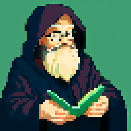 wise old librarian grandpa portrait, hooded figure, long bushy beard, wise eyes full of knowledge, pixelated style, non-vibrant colors