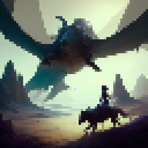 Dog and horse galloping across the vast prairie, surrounded by mystical fog, with a dragon soaring overhead and a castle in the distance, all depicted in a rich and detailed fantasy RPG-inspired concept art.