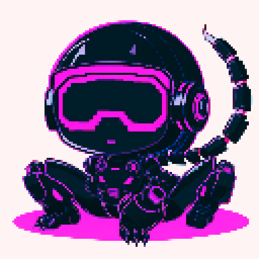 full body cute cyberpunk scorpion with human head, human head is from anime inspired character with vibrant hair, expressive eyes, and a playful smile