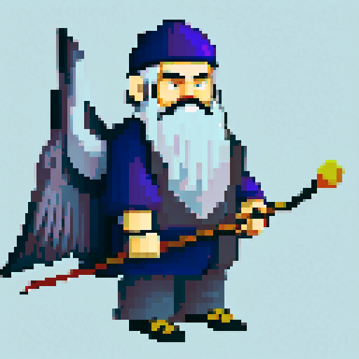 old antropomorphic raven druid with grey beard, with staff in hand