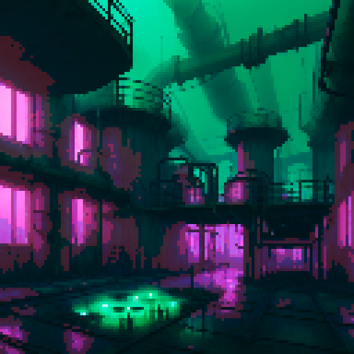Misty Corrosive Waste Factory
"A mysterious, abandoned factory enveloped in a dense, pinkish purple mist. Pools of glowing toxic waste emit an eerie light. The air appears thick and hazardous, with dripping pipes, rusted machinery, and a faint green glow reflecting off the fog."
