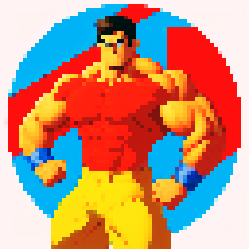 Strong, muscular, heroic figure, with bulging muscles and a determined expression, standing tall against a vibrant, pixelated backdrop, showcasing the hero's bravery and strength in the classic sRGB color palette