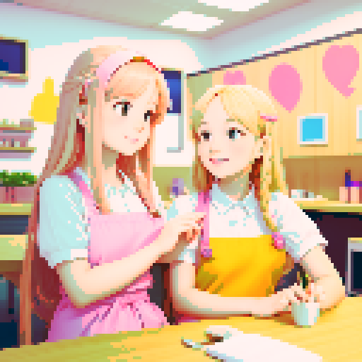 A girl with long blonde hair wearing a pink apron, a friend with short brown hair, sitting facing each other, table, nail salon.