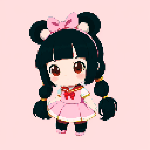 This image features a stylized bear inspired by ghibli, in a chibi art style. The bear has, expressive black eyes and a cute, youthful appearance. The hair is styled in long twin pigtails, accented with pink and gold ribbons, matching the color theme of the outfit, which includes a sailor-style collar and a pink bow. The background is interesting magic landscape, enhancing the character's playful and magical theme. This is a typical example of how popular anime characters