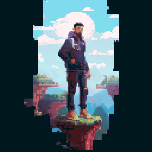 Hispanic man, heroic pose, confident expression, full body, pixel art, sRGB, solid color background