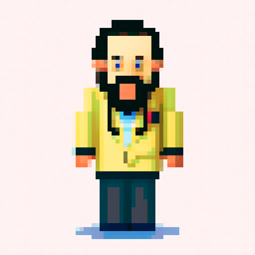 A pixelated, bald doctor with broad shoulders, a short black beard, a lab coat, and a stethoscope.
