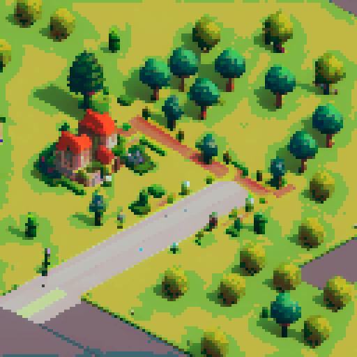 JRPG style town with buildings, road, grass and paved walking paths