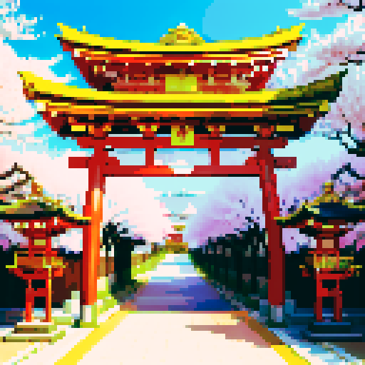 shiny black stone shinto shrine, vibrant cherry blossom trees, traditional architecture with intricate details, shinto torii gate adorned with shiny black stone decorations, a pixel art shiny black stone box positioned behind the gate, shiny black stone lanterns illuminating the scene in sRGB colors