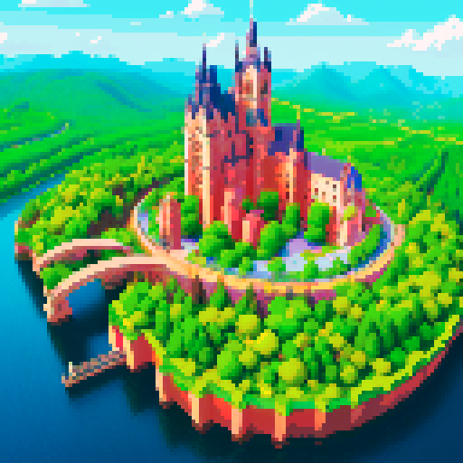 city, high tech castles, cathedrals with glowing stained glass windows, futuristic bridges spanning lush greenery, pixelated trees and flowers, small digital animals roaming, all in vibrant sRGB colors