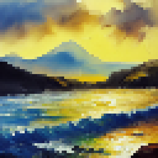 Oil paint, waves and the sun, which is not fully understood, should be the most dominant color, yellow should be the second dominant color, and the remaining colors should be warm colors but contrasting colors should be added.