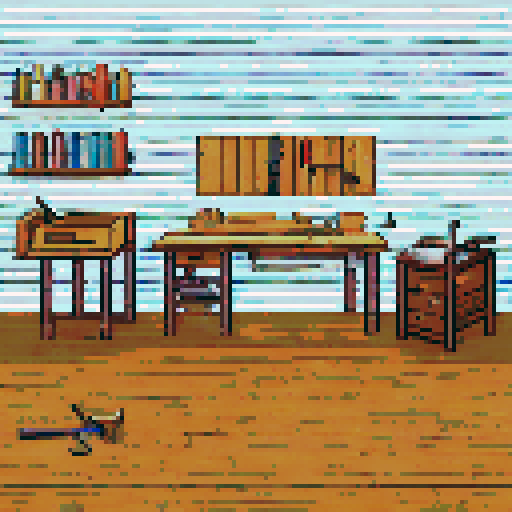 It is the 19th century, A cluttered workshop with wooden boards on the floor, walls adorned with woodworking tools, workbenches scattered with tools, in a 16bit pixel art style