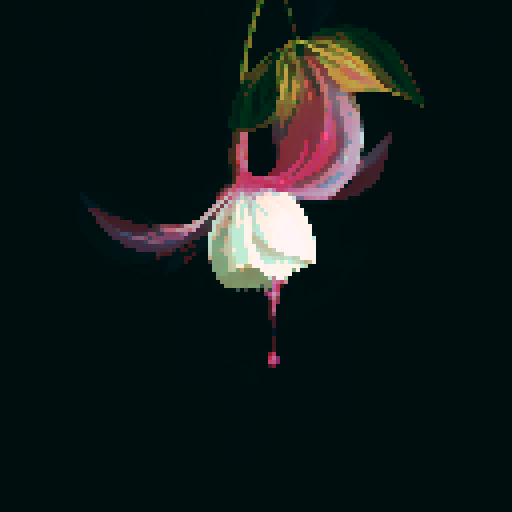 Fuchsia petals, vibrant and delicate, bloom in a pixelated landscape of blues and greens, with a serene background of a tranquil lake