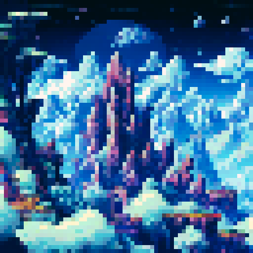 Futuristic and sleek, a triangular space ship glides through an ethereal black and white galaxy, surrounded by twinkling stars and a majestic, mountainous landscape in the distance, all rendered in sRGB pixel art