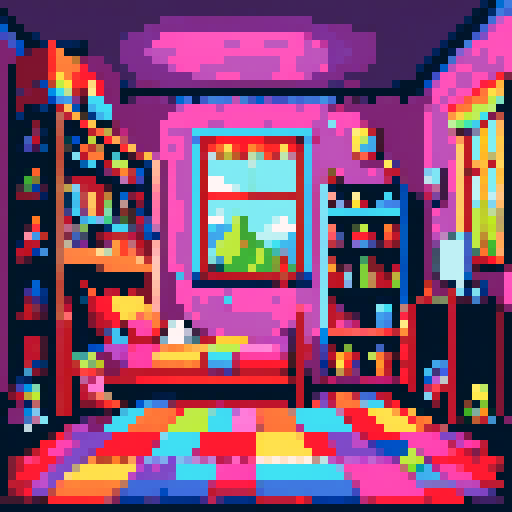 A cozy, colorful child's room with a vibrant, pixel art background, whimsical, toy-filled 