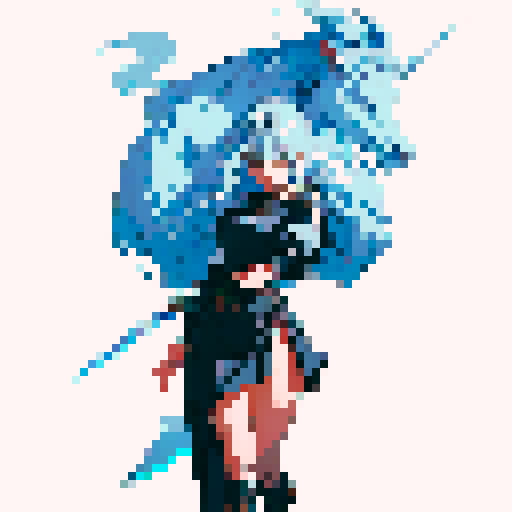 full body, confident girl, holding a gleaming silver sword, black background