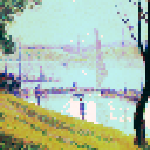 Mimic Georges Seurat’s pointillist technique by translating the details of the image into small, evenly spaced pixels with soft, blended colors. Focus on subtle, muted tones to evoke Seurat’s impressionist style, creating a calm and serene atmosphere. Ensure that the pixelated image reflects the original composition but maintains the abstract, dotted feel of pointillism, while avoiding vivid or harsh colors, opting instead for smooth, harmonious transitions between shades.