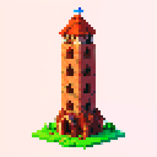 Crumbling brick tower with pointed red clay shingle roof and a solid color background. Give a black stroke around the tower