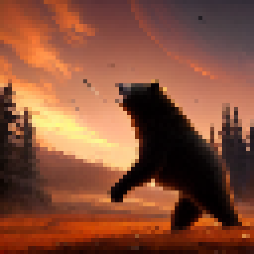 Bear warrior, headphones blasting, launches into a victorious jump with arms raised high, silhouetted against a fiery sunset and towering trees, all rendered in dramatic pixel art fit for a fantasy RPG.