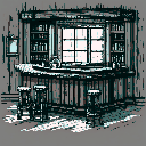 As you approach the bar counter, its wooden surface rough and pixelated. Resting on the worn wood is an old, tattered book. black and white, 16 bit, first person