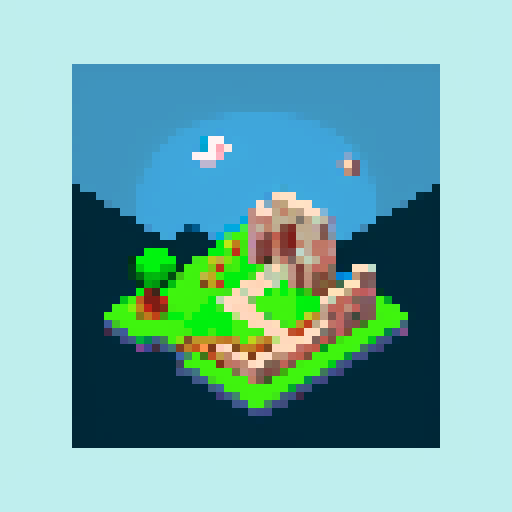 Design a 2D pixel map portraying a dark, terrainless landscape in a top-down view. The 64x64 canvas showcases a uniformly dark surface. Scatter small, discreet stone ruins on both sides, avoiding dominance. Employ simple shapes to imply ancient structures, blending with the environment. Emphasize mystery and solitude. Keep ruins subtle, amplifying intrigue while retaining a vast, simplistic feel.