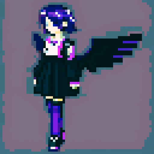Purple haired anime girl wearing black clothes with a black angel wing, flying in the air