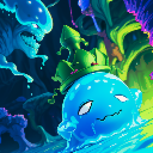 Blue Slime cube, Gelatinous cube, wearing crown, giant Slime, boss fight