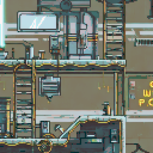 Dilapidated machinery, sparks flying, smog-filled air, towering metal structures, cracked concrete floors, flickering neon lights, rusted conveyor belts, broken windows, shattered glass, discarded robot parts, overgrown vines, eerie shadows, abandoned control panels