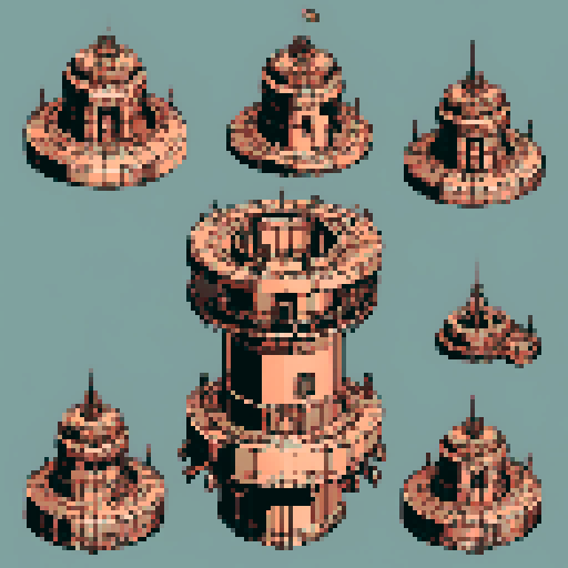 I want a copper structure reminiscent of the base of a gun turret, seen from a head on two dimensional perspective. The design should be relatively simple. I also want this object usable as an asset in a videogame, meaning only one object per image, outlined with a strong black stroke, on a solid-color background.