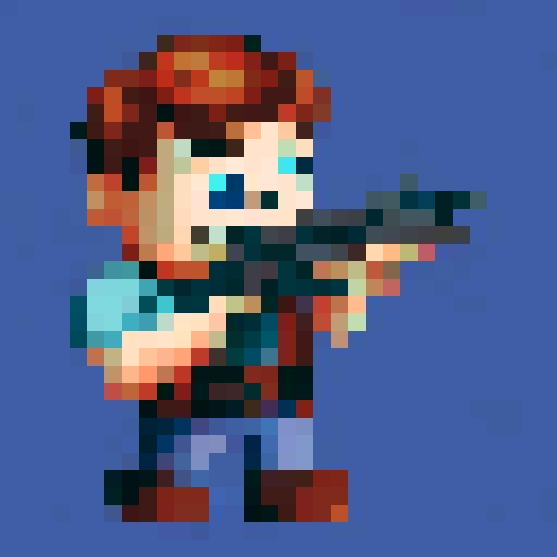 Pixelated character with gun in hand, 