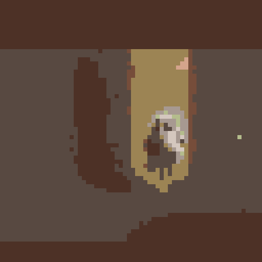 background color #9c8454, small fantasy icon for use in a fantasy wargame, pixel image of an owlbear using white, black, and hushed tone colors, the owlbear should be standing upright facing right and have its arms extended like it was going to attack, make the image sharp 