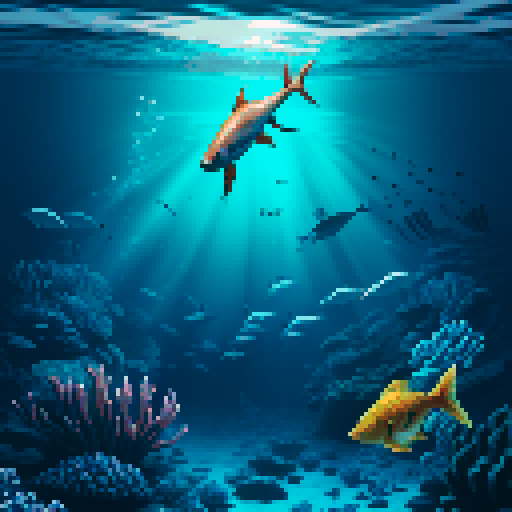 An underwater scene with a fish fleeing towards the surface while being chased by a trawl. Surrounding dangers include fish hooks, mines, nests, and predatory fish. In the background, a fishing boat launches the trawl. Bright sunlight illuminates the scene, contrasting with the tension of the chase. Pixel art, sRGB.