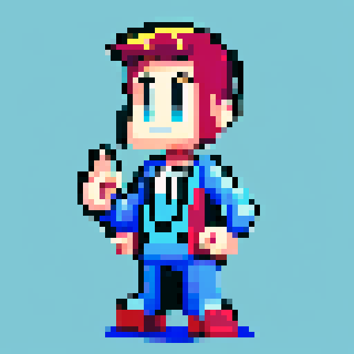 Character waving, vibrant colors, retro video game style, blocky pixel art, 8-bit graphics, animated movement, smooth transitions, nostalgic vibes, low-resolution, limited color palette, crisp edges, high contrast, iconic poses, dynamic composition