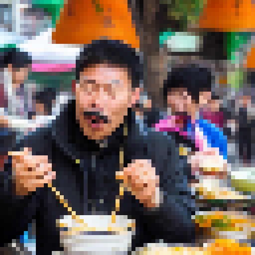 Slurping noodles, chopsticks in hand, a bald man with a bushy mustache enjoys his meal in a bustling Asian street market, surrounded by colorful lanterns and steaming food carts.