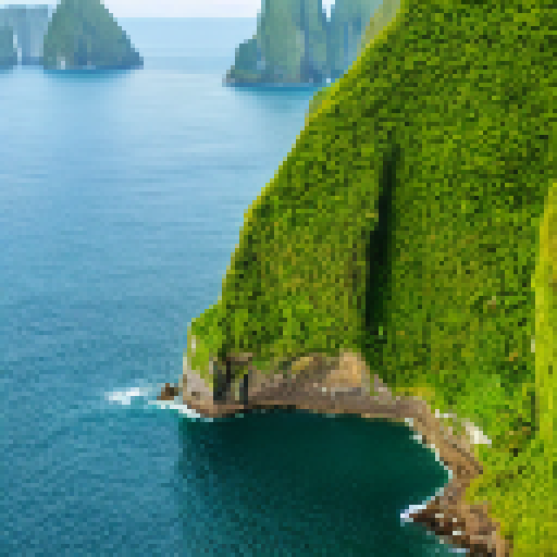 Lush green background with cliffs, ocean and jungle in the distance.