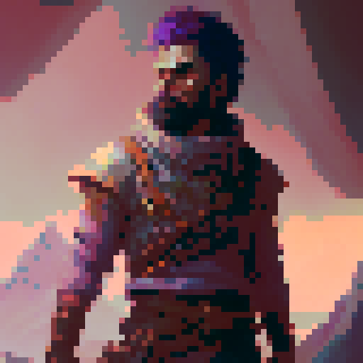 Captain Trip, a fierce half-orc warrior with a braided beard and a scar over his left eye, standing atop a towering rock formation overlooking a sprawling, mystical landscape filled with floating islands, glowing crystals, and fiery dragons