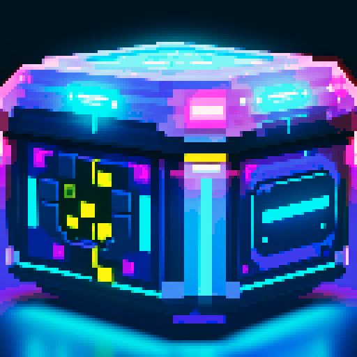 futuristic bulky lootbox, glowing buttons, intricate details, space stars galaxy glow, pixel art style