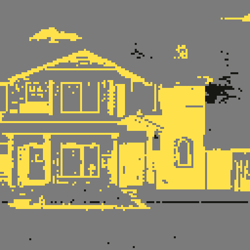 Small, cozy suburban house with a neatly paved driveway and lush green lawn surrounded by vibrant flowers, all depicted in detailed pixel art with a mesmerizing sRGB color palette resembling a picturesque landscape