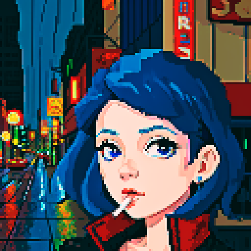 Blue haired 90s pop girl, smoking a cigarette, downtown, in the rain, gritty