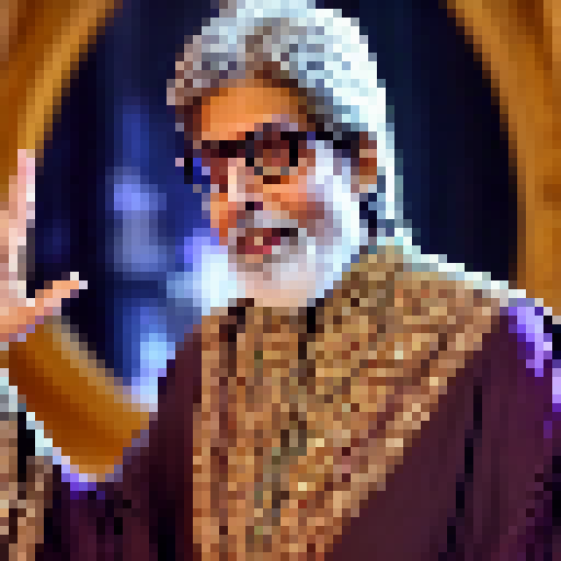 Regal Amitabh Bachchan, draped in flowing robes and sporting a long white beard, stands tall in a mythical world filled with majestic dragons and sparkling gems, embodying the essence of a powerful wizard in a Fantasy RPG.