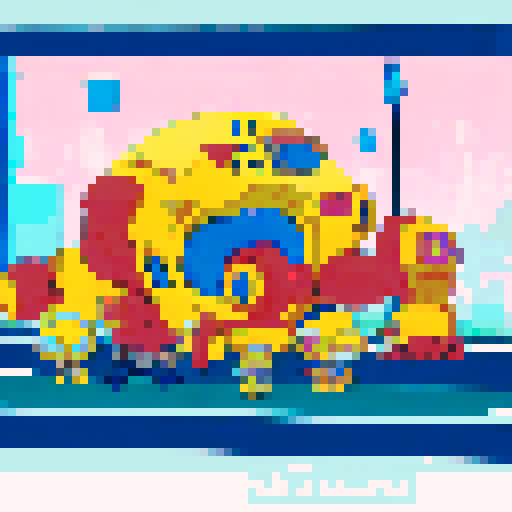 Yellow-skinned Simpsons characters wearing anime-inspired clothing, standing in front of a neon-lit cityscape with giant robot mechs towering behind them