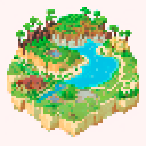 a map containing 5 biomes: a small village of wooden buildings in the center, surrounded by palisades. a desert in the lower right, lava stricken rocky mountains in the top right corner, an ocean in the top left and grasslands in the lower right corner