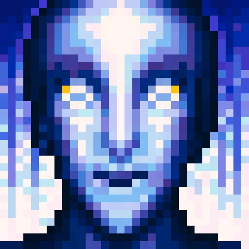 Ghost avatar, ethereal blue glow, transparent overlay, floating above pixelated background, pixel art style, intricate detailing, wisps of ectoplasm, haunting eyes, enigmatic smile, sRGB color palette, skill icon, close-up view, 32x32 resolution, portrait orientation