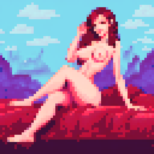 sexy girl, coy smile, naked, big boobs, pixel art, sRGB, background, landscape