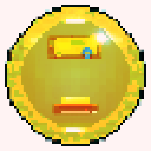 Golden coin, shimmering, glimmering, reflecting light, intricate details, pixelated, vibrant colors, retro aesthetic, 8-bit, low resolution, square pixels, metallic texture, shiny surface, sparkling, gleaming, radiant, nostalgic, classic video game vibes, limited color palette, crisp edges, nostalgic charm, digital artwork, vintage feel, iconic symbol